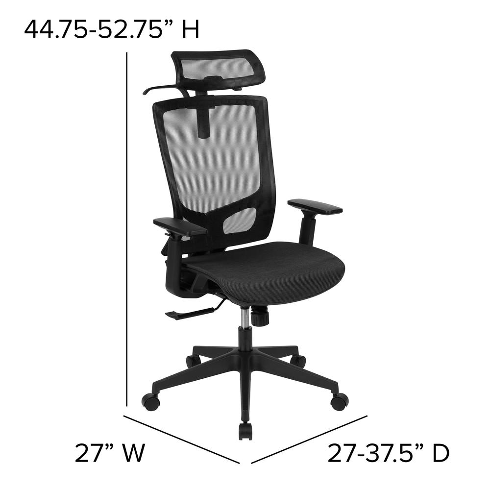Ergonomic Mesh Office Chair with Synchro-Tilt, Pivot Adjustable Headrest, Lumbar Support, Coat Hanger and Adjustable Arms in Black. Picture 2