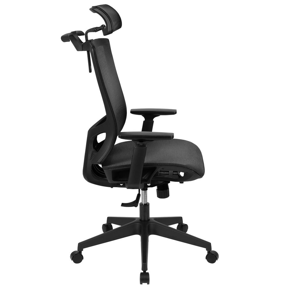 Ergonomic Mesh Office Chair with Synchro-Tilt, Pivot Adjustable Headrest, Lumbar Support, Coat Hanger and Adjustable Arms in Black. Picture 3