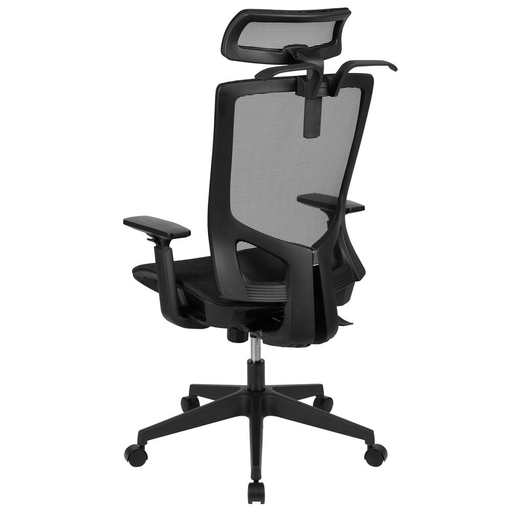 Ergonomic Mesh Office Chair with Synchro-Tilt, Pivot Adjustable Headrest, Lumbar Support, Coat Hanger and Adjustable Arms in Black. Picture 4