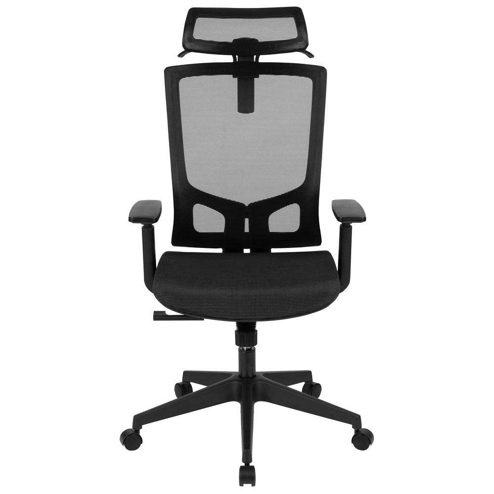 Ergonomic Mesh Office Chair with Synchro-Tilt, Pivot Adjustable Headrest, Lumbar Support, Coat Hanger and Adjustable Arms in Black. Picture 5
