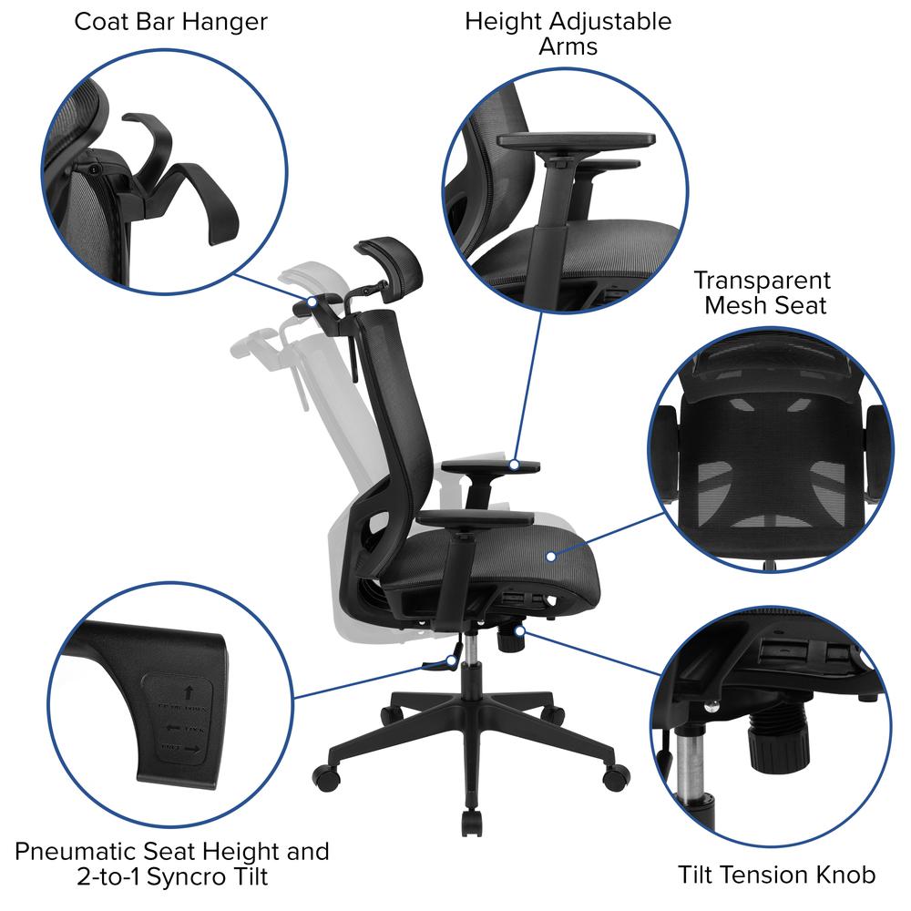 Ergonomic Mesh Office Chair with Synchro-Tilt, Pivot Adjustable Headrest, Lumbar Support, Coat Hanger and Adjustable Arms in Black. Picture 6