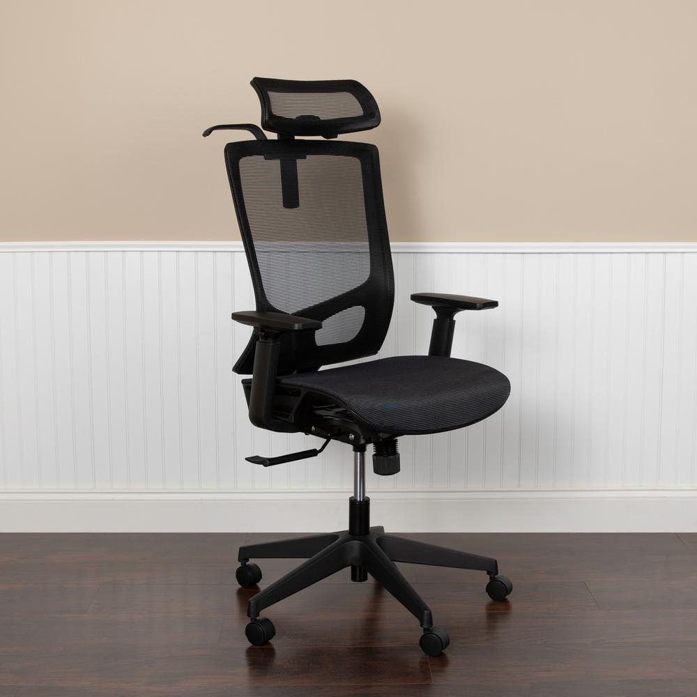 Ergonomic Mesh Office Chair with Synchro-Tilt, Pivot Adjustable Headrest, Lumbar Support, Coat Hanger and Adjustable Arms in Black. Picture 11