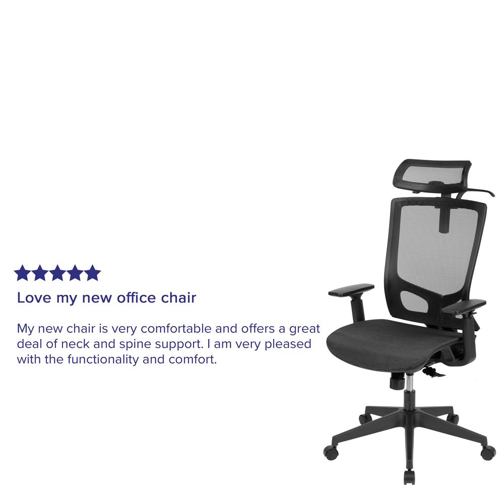 Ergonomic Mesh Office Chair with Synchro-Tilt, Pivot Adjustable Headrest, Lumbar Support, Coat Hanger and Adjustable Arms in Black. Picture 12