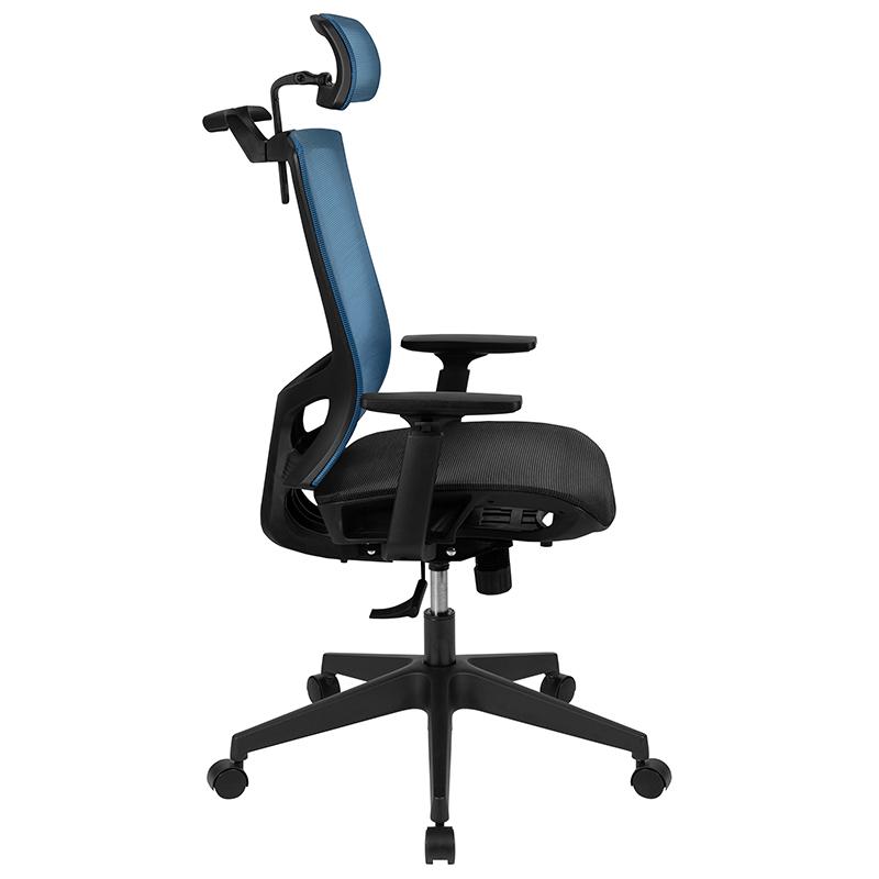 Ergonomic Mesh Office Chair with Synchro-Tilt, Pivot Adjustable Headrest, Lumbar Support, Coat Hanger & Adjustable Arms-Blue/Black. Picture 2
