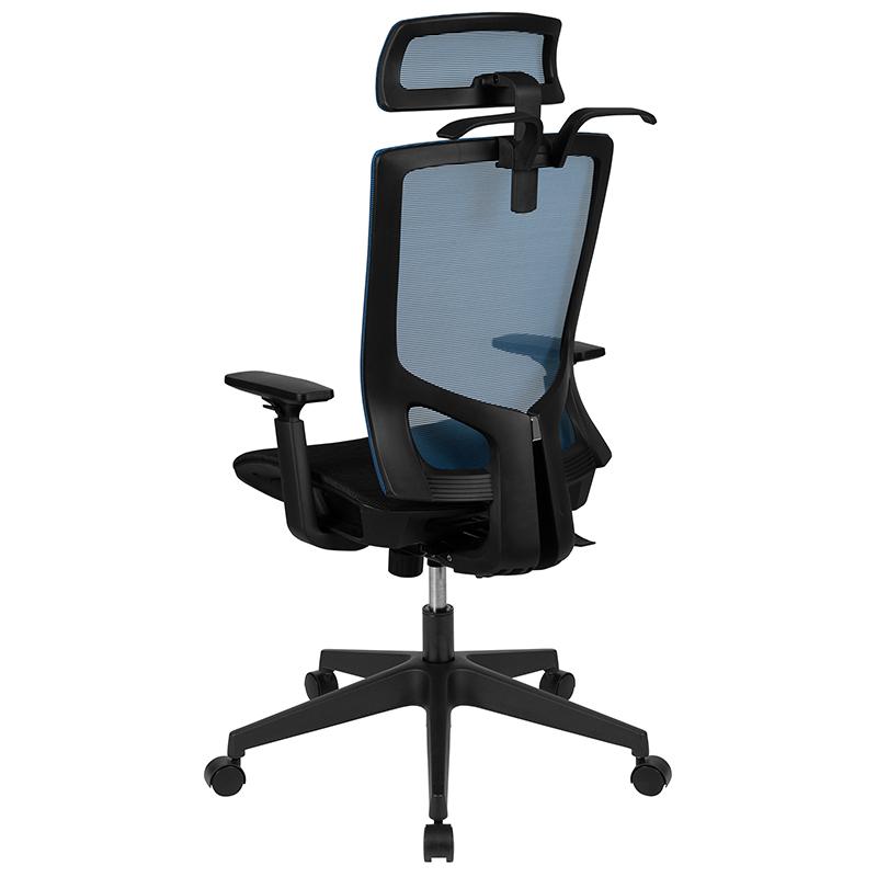 Ergonomic Mesh Office Chair with Synchro-Tilt, Pivot Adjustable Headrest, Lumbar Support, Coat Hanger & Adjustable Arms-Blue/Black. Picture 3