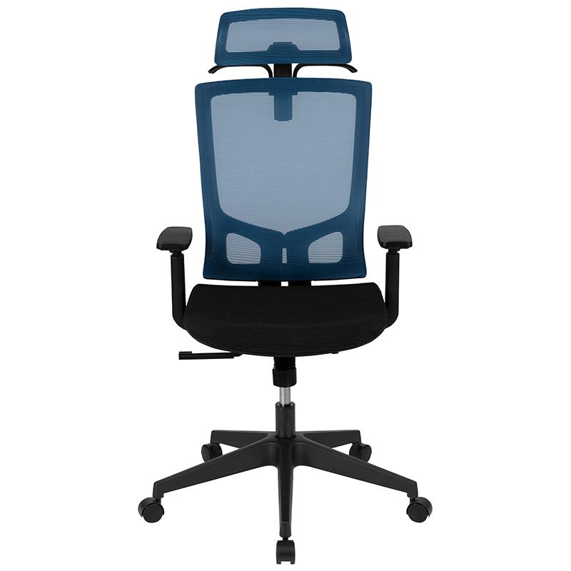 Ergonomic Mesh Office Chair with Synchro-Tilt, Pivot Adjustable Headrest, Lumbar Support, Coat Hanger & Adjustable Arms-Blue/Black. Picture 1