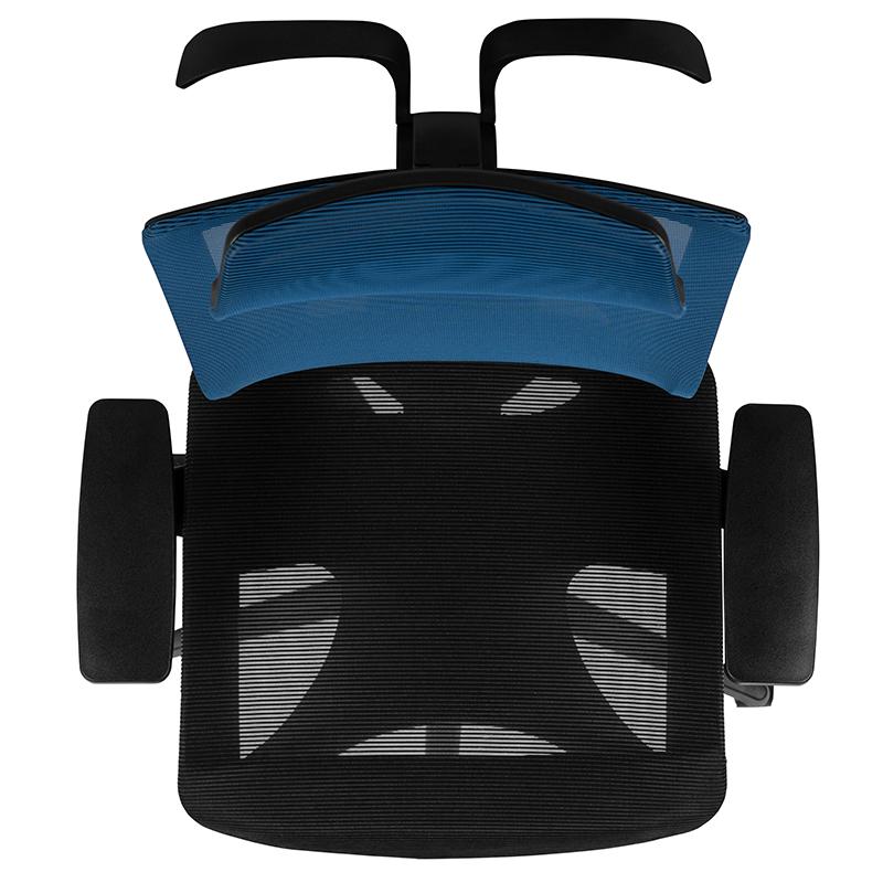 Ergonomic Mesh Office Chair with Synchro-Tilt, Pivot Adjustable Headrest, Lumbar Support, Coat Hanger & Adjustable Arms-Blue/Black. Picture 5