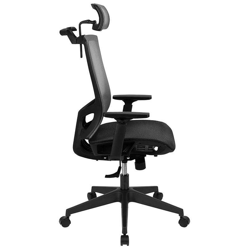 Ergonomic Mesh Office Chair with Synchro-Tilt, Pivot Adjustable Headrest, Lumbar Support, Coat Hanger & Adjustable Arms-Gray/Black. Picture 2