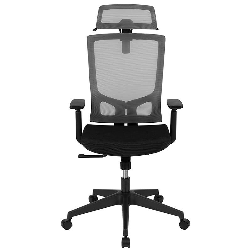 Ergonomic Mesh Office Chair with Synchro-Tilt, Pivot Adjustable Headrest, Lumbar Support, Coat Hanger & Adjustable Arms-Gray/Black. Picture 4