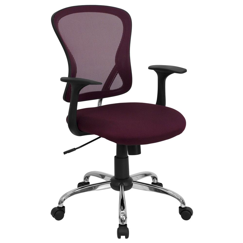 Mid-Back Burgundy Mesh Swivel Task Office Chair with Chrome Base and Arms. Picture 1
