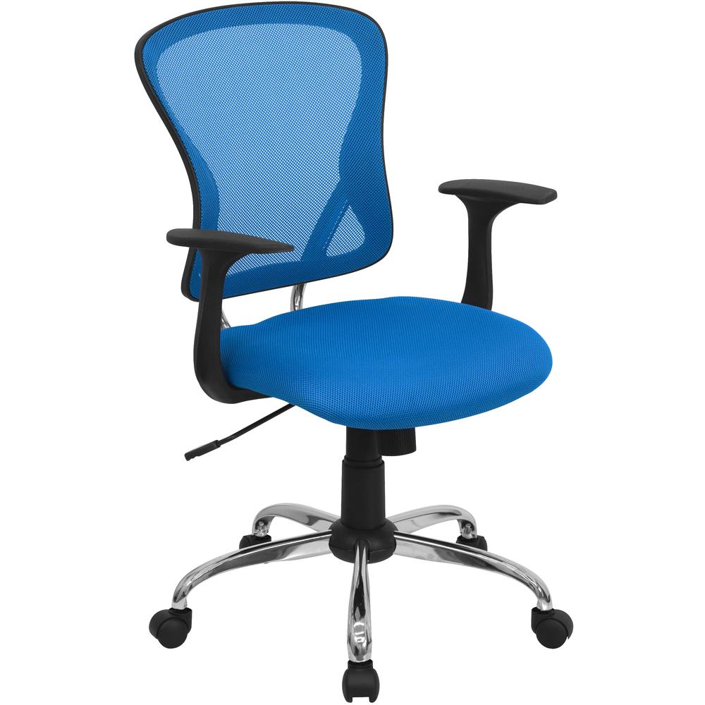 Mid-Back Blue Mesh Swivel Task Office Chair with Chrome Base and Arms. Picture 1