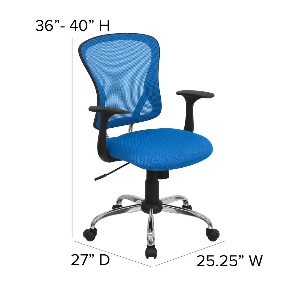 Mid-Back Blue Mesh Swivel Task Office Chair with Chrome Base and Arms. Picture 2