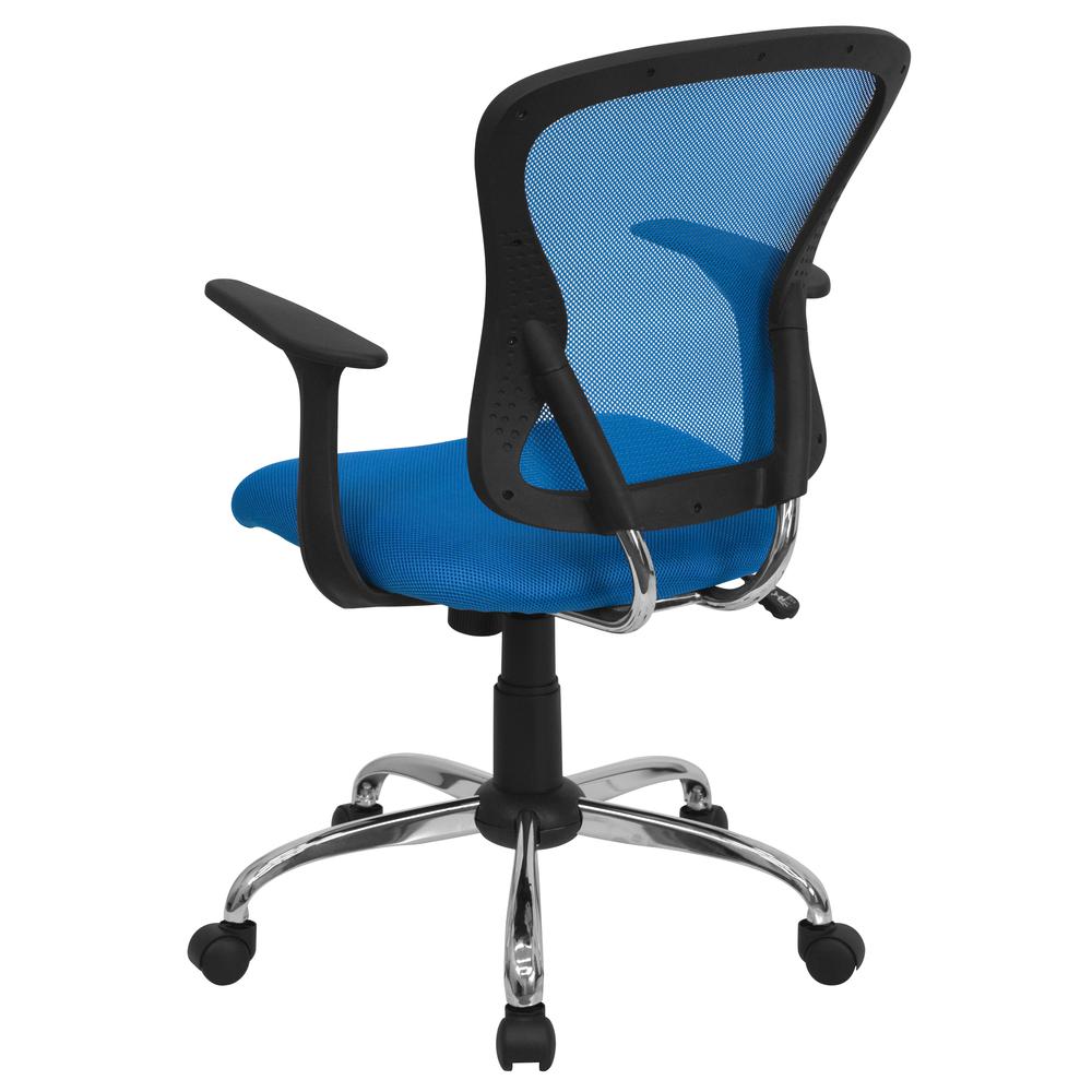 Mid-Back Blue Mesh Swivel Task Office Chair with Chrome Base and Arms. Picture 4