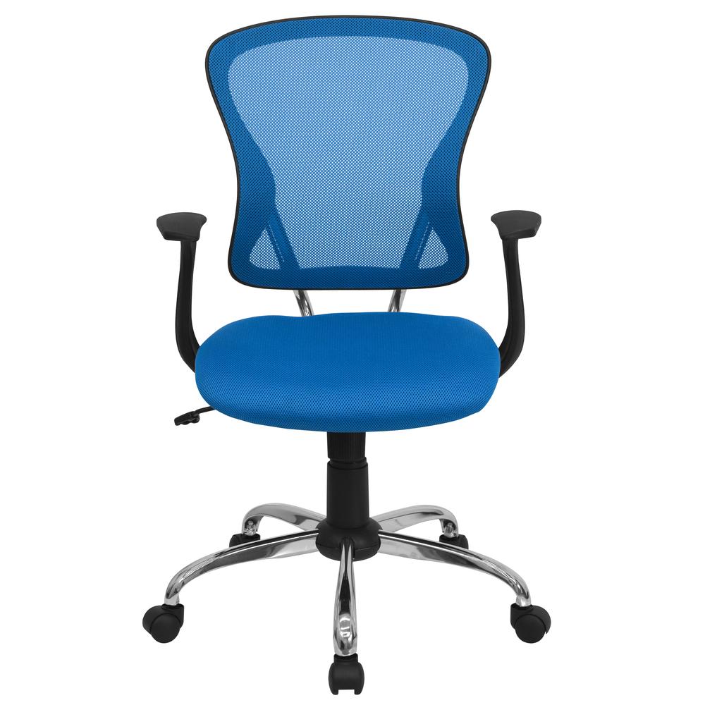 Mid-Back Blue Mesh Swivel Task Office Chair with Chrome Base and Arms. Picture 5