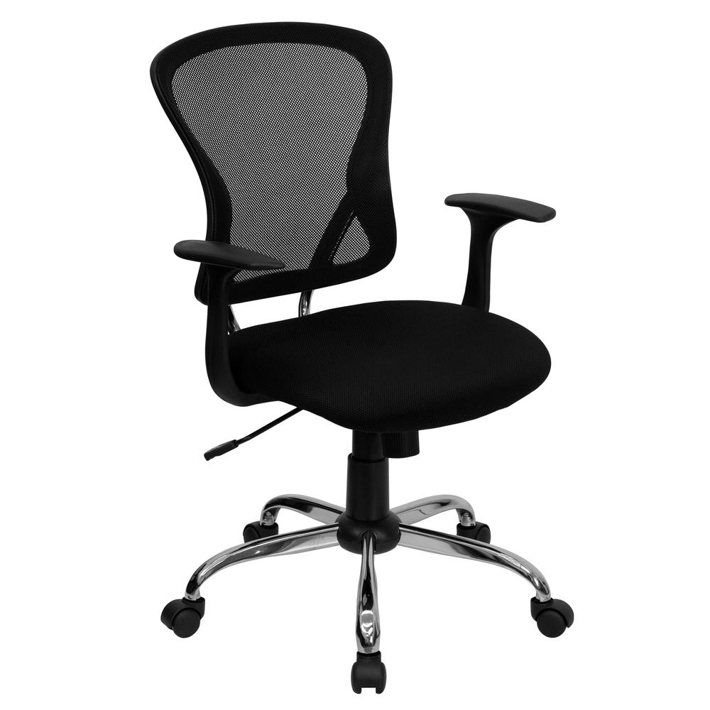 Mid-Back Black Mesh Swivel Task Office Chair with Chrome Base and Arms. Picture 1