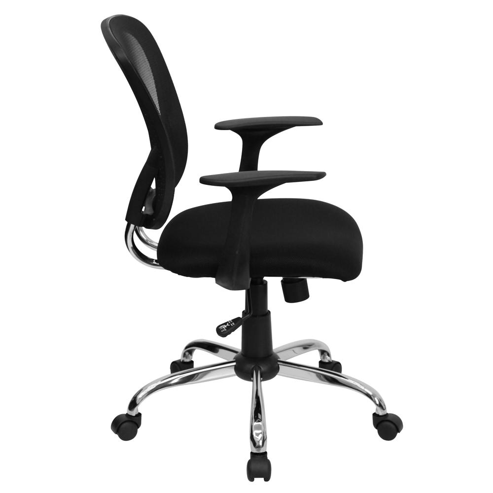 Mid-Back Black Mesh Swivel Task Office Chair with Chrome Base and Arms. Picture 3