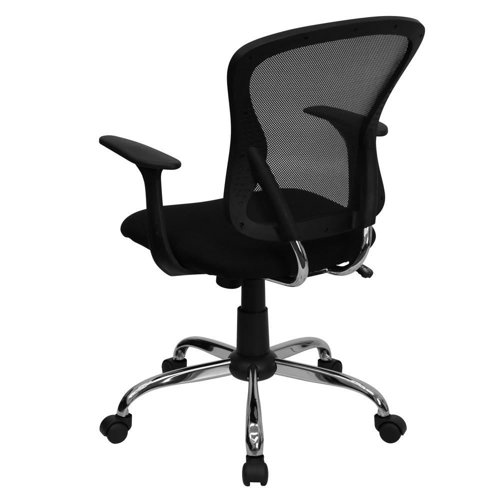 Mid-Back Black Mesh Swivel Task Office Chair with Chrome Base and Arms. Picture 4