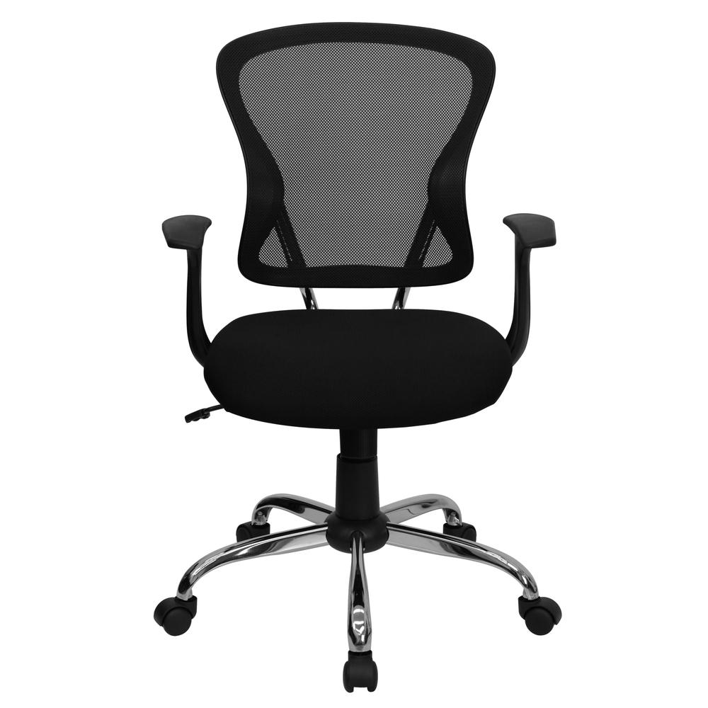 Mid-Back Black Mesh Swivel Task Office Chair with Chrome Base and Arms. Picture 5