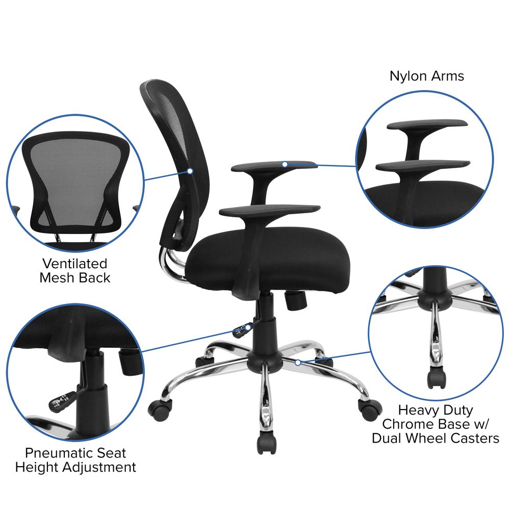 Mid-Back Black Mesh Swivel Task Office Chair with Chrome Base and Arms. Picture 6