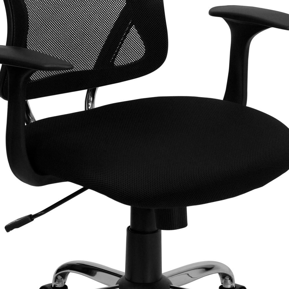 Mid-Back Black Mesh Swivel Task Office Chair with Chrome Base and Arms. Picture 7