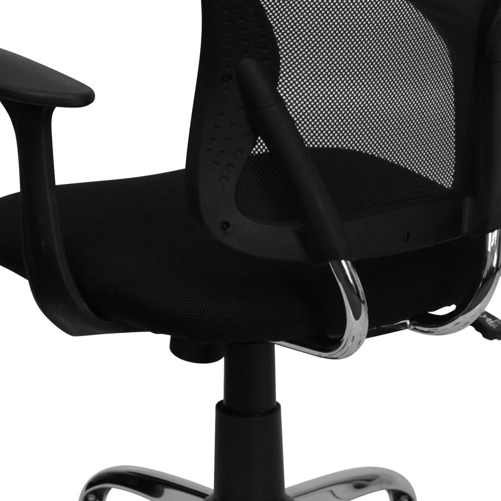 Mid-Back Black Mesh Swivel Task Office Chair with Chrome Base and Arms. Picture 8