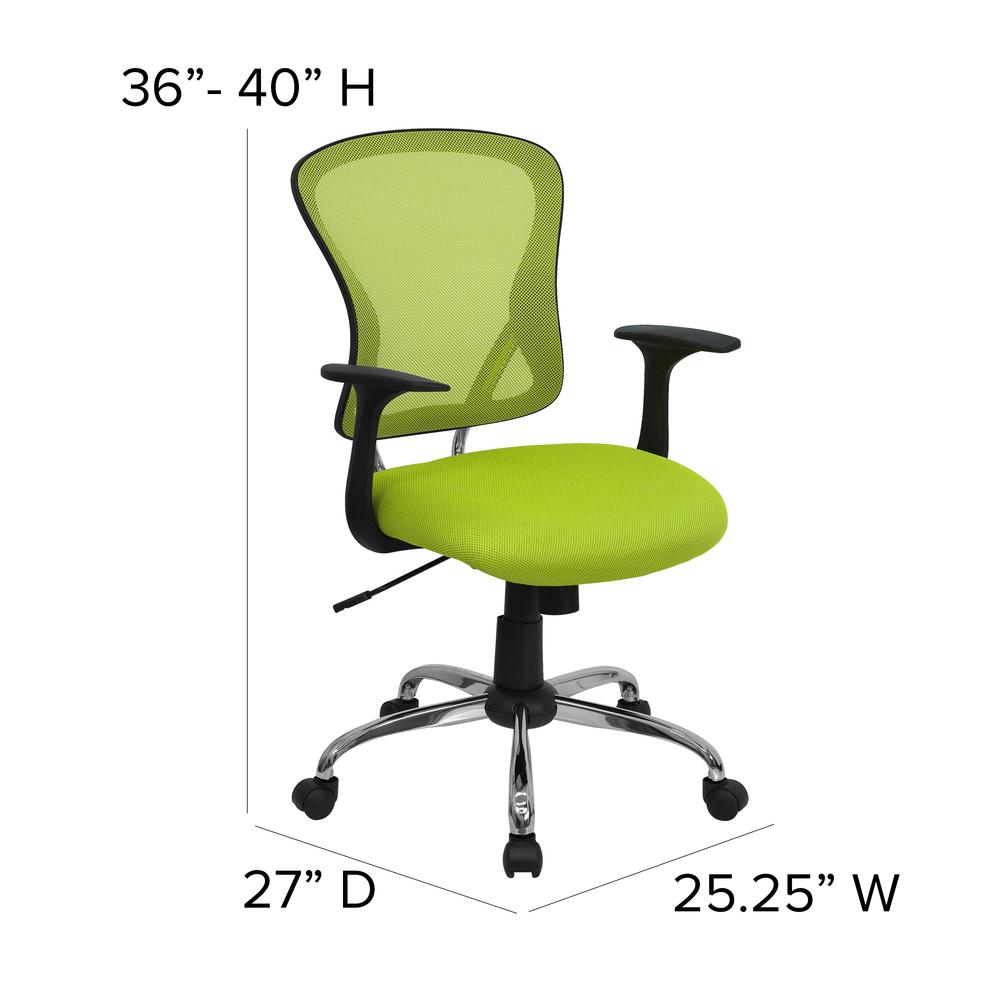 Mid-Back Green Mesh Swivel Task Office Chair with Chrome Base and Arms. Picture 2