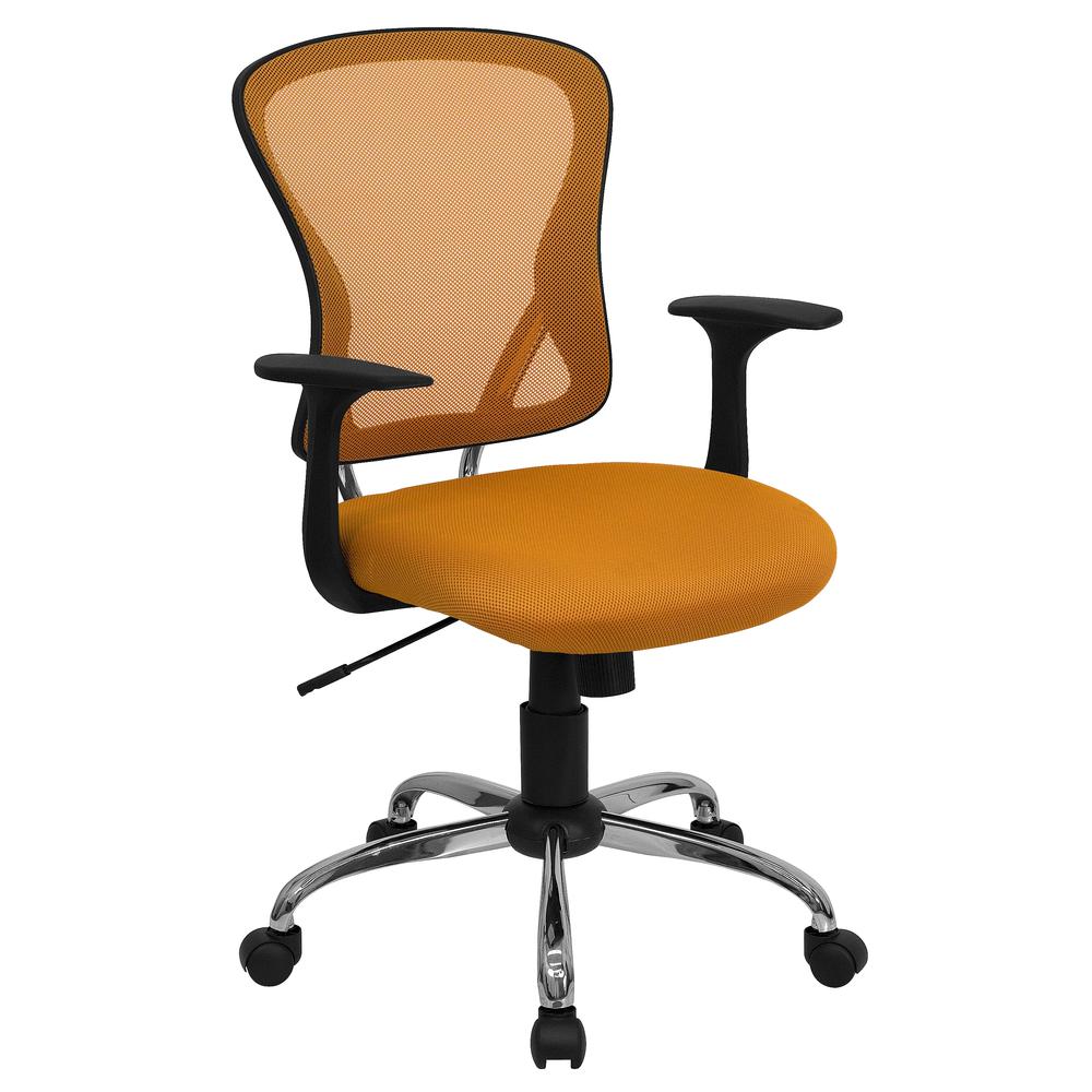 Mid-Back Orange Mesh Swivel Task Office Chair with Chrome Base and Arms. Picture 1