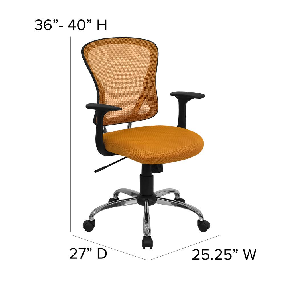 Mid-Back Orange Mesh Swivel Task Office Chair with Chrome Base and Arms. Picture 2