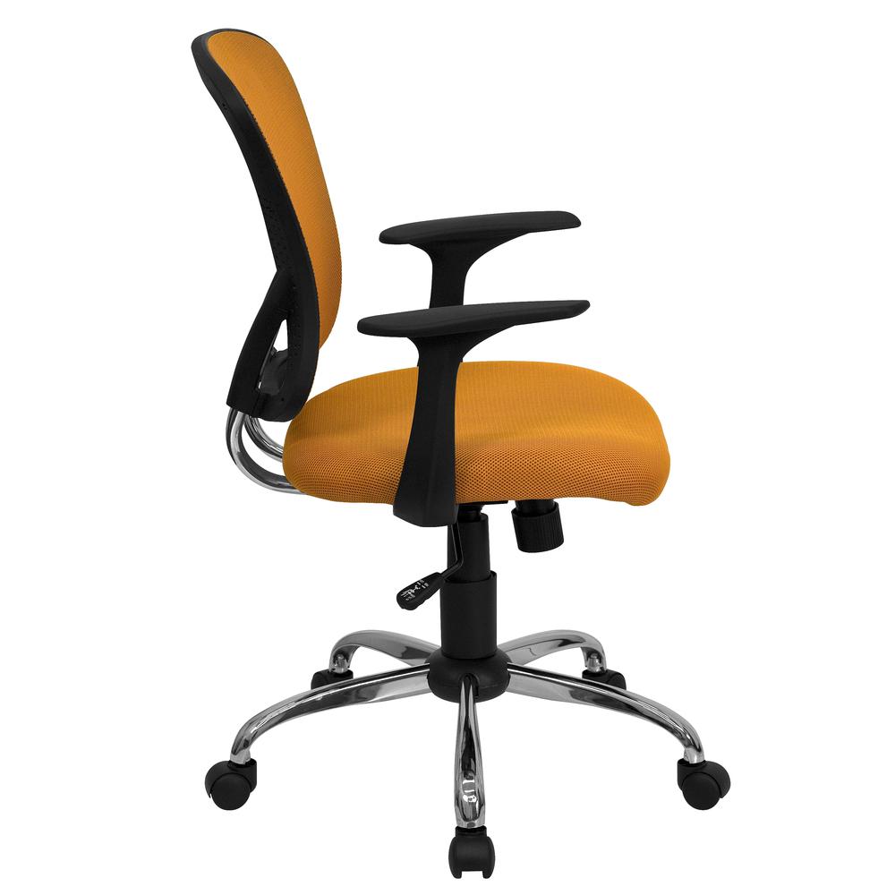 Mid-Back Orange Mesh Swivel Task Office Chair with Chrome Base and Arms. Picture 3