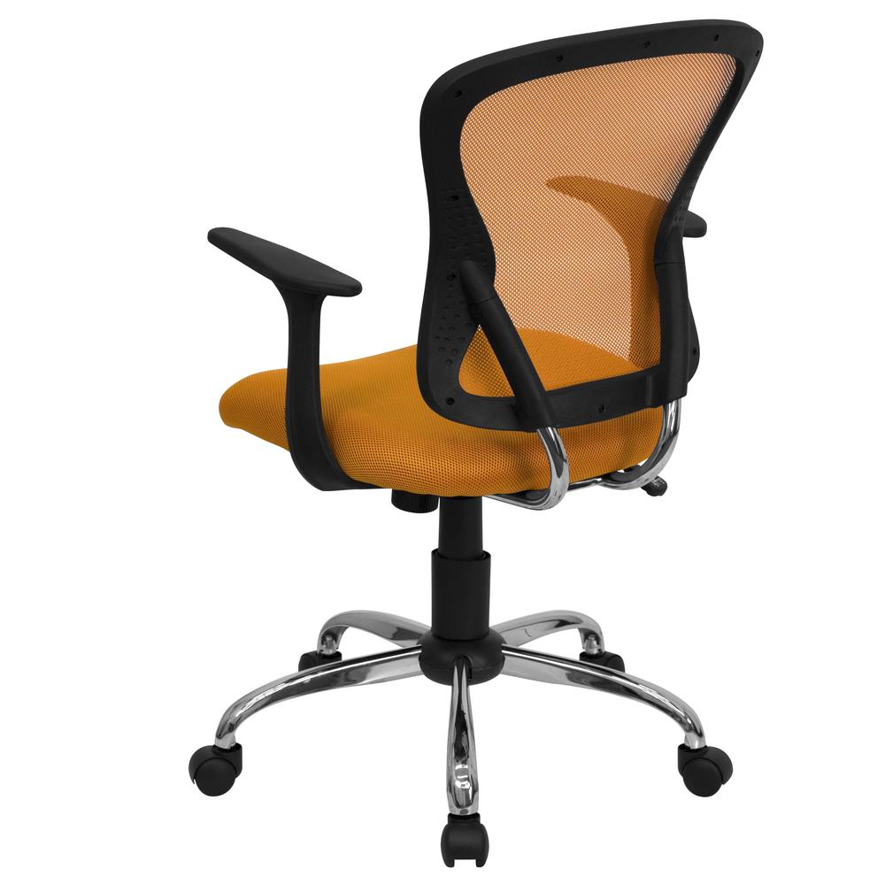 Mid-Back Orange Mesh Swivel Task Office Chair with Chrome Base and Arms. Picture 4