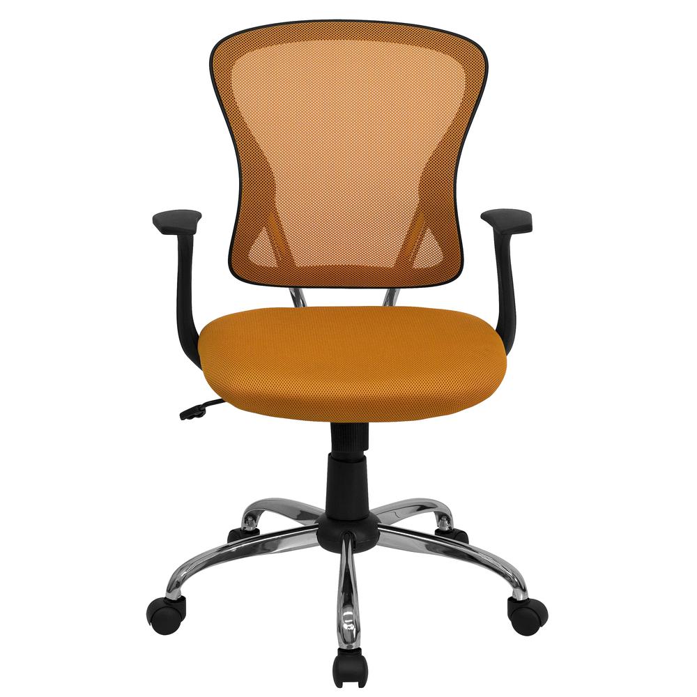 Mid-Back Orange Mesh Swivel Task Office Chair with Chrome Base and Arms. Picture 5