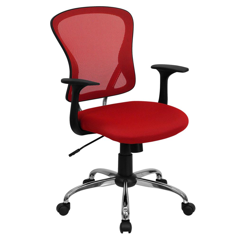 Mid-Back Red Mesh Swivel Task Office Chair with Chrome Base and Arms. Picture 1