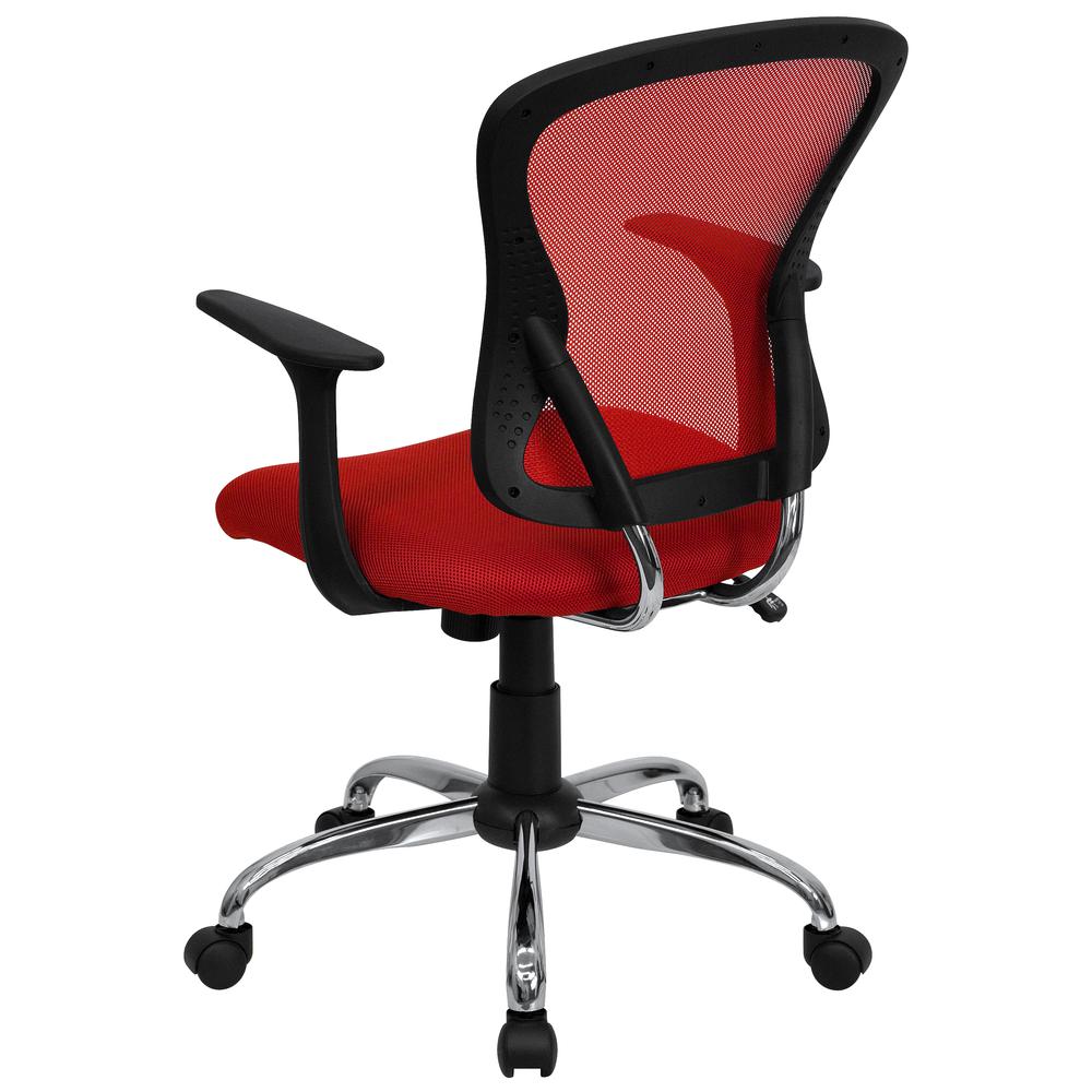 Mid-Back Red Mesh Swivel Task Office Chair with Chrome Base and Arms. Picture 4