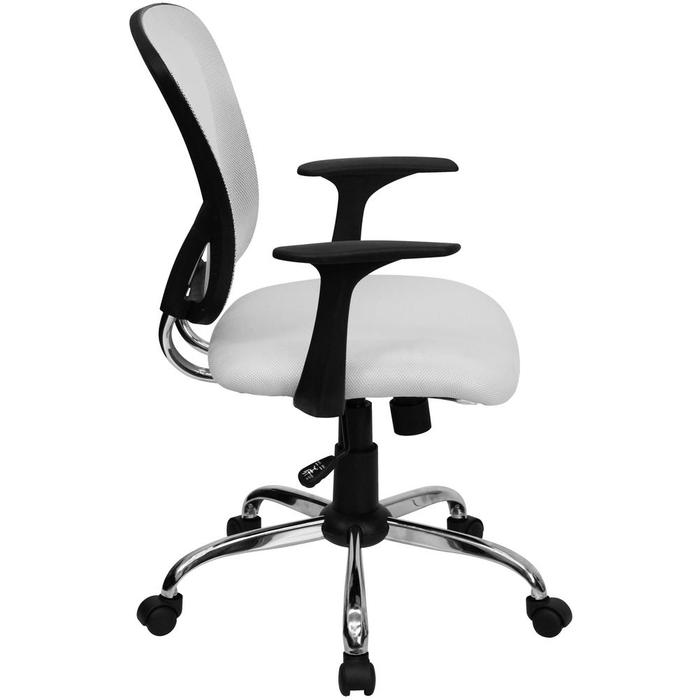 Mid-Back White Mesh Swivel Task Office Chair with Chrome Base and Arms. Picture 3