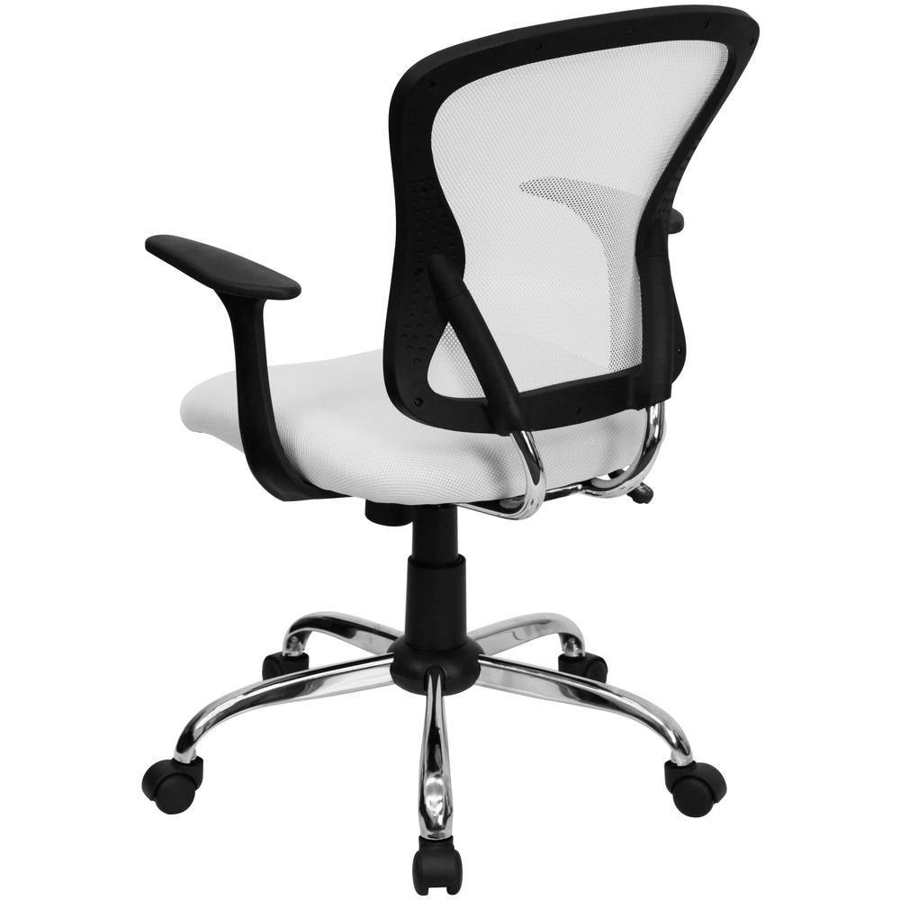 Mid-Back White Mesh Swivel Task Office Chair with Chrome Base and Arms. Picture 4