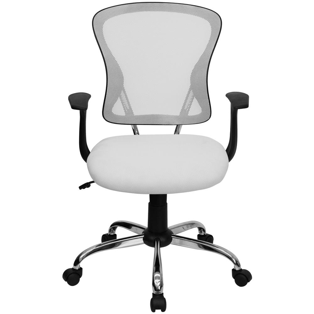 Mid-Back White Mesh Swivel Task Office Chair with Chrome Base and Arms. Picture 5