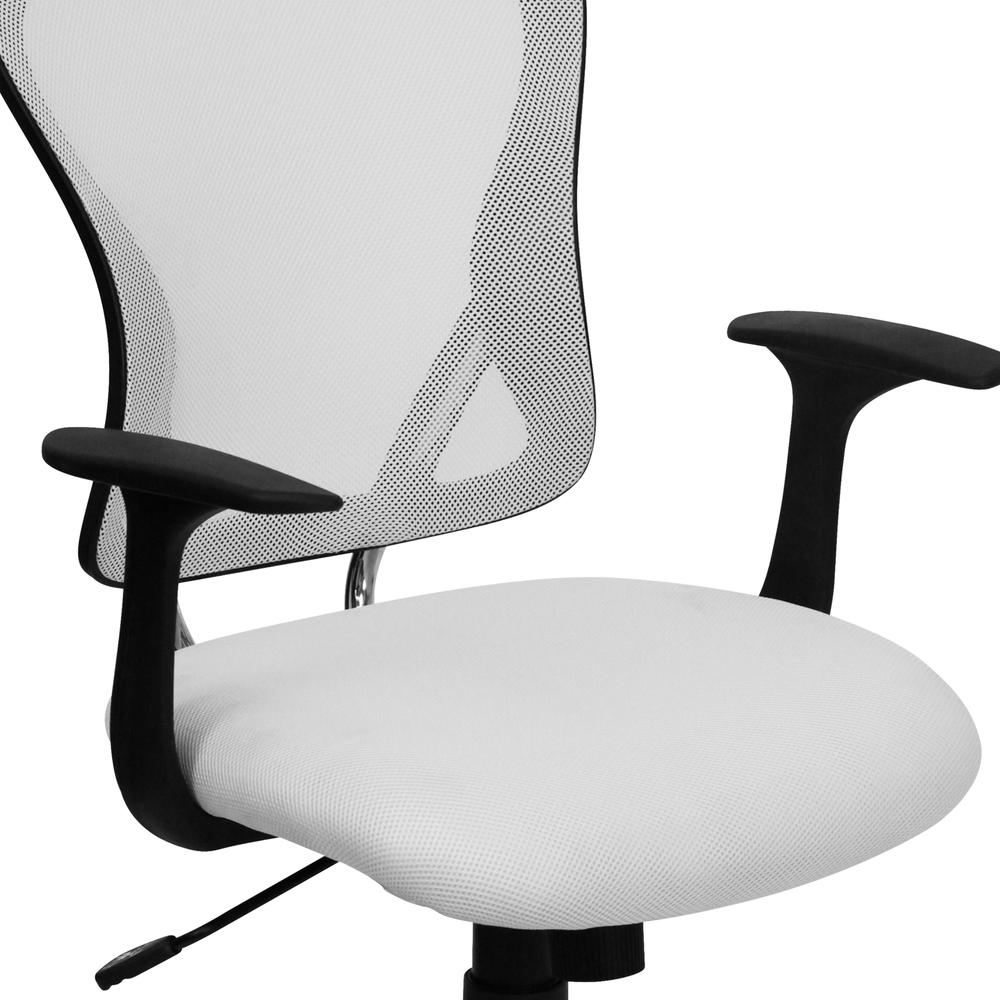 Mid-Back White Mesh Swivel Task Office Chair with Chrome Base and Arms. Picture 6