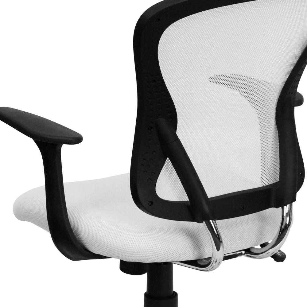 Mid-Back White Mesh Swivel Task Office Chair with Chrome Base and Arms. Picture 7