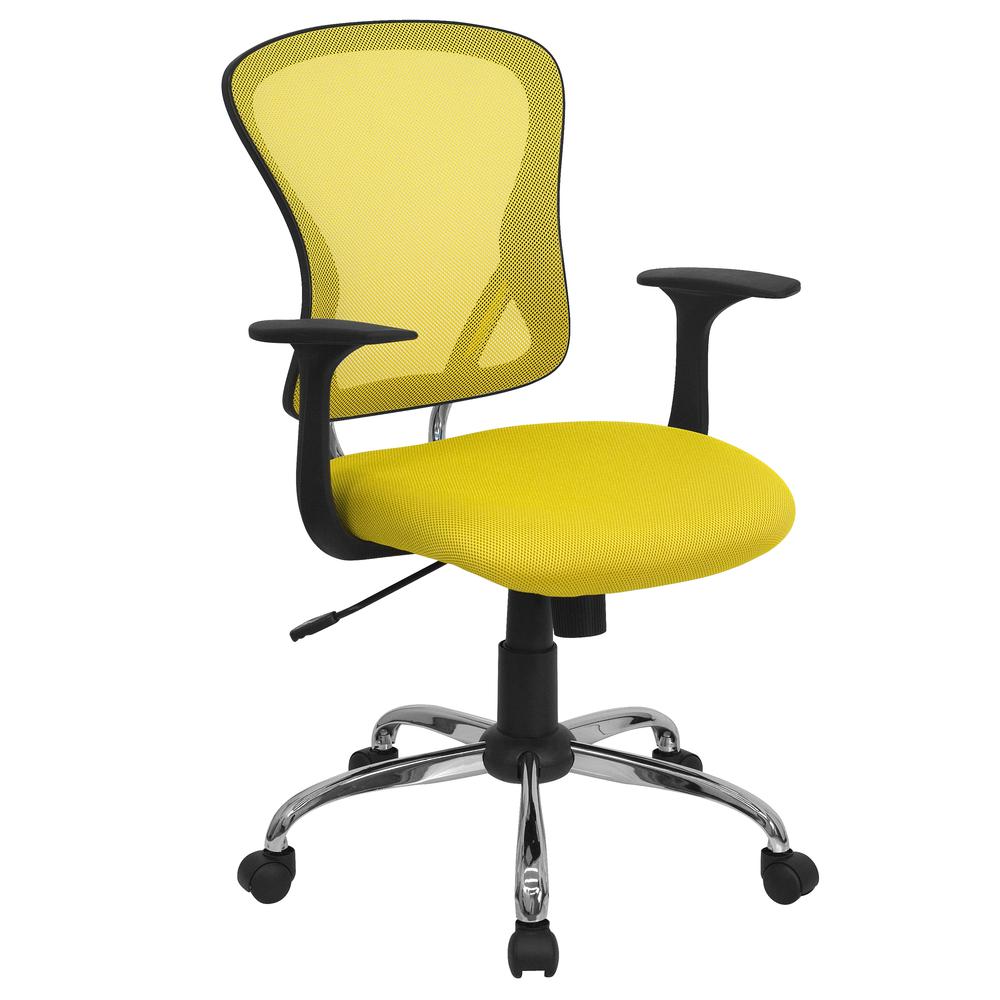 Mid-Back Yellow Mesh Swivel Task Office Chair with Chrome Base and Arms. Picture 1