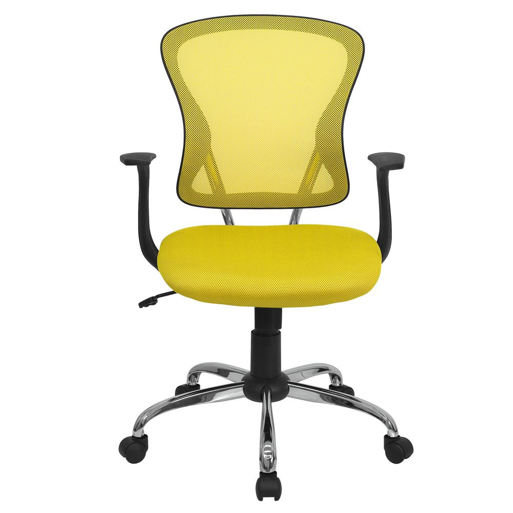 Mid-Back Yellow Mesh Swivel Task Office Chair with Chrome Base and Arms. Picture 5