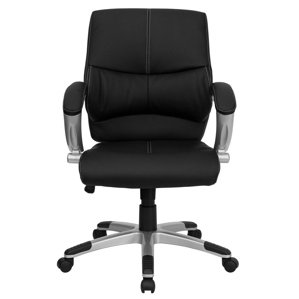 Mid-Back Black LeatherSoft Contemporary Swivel Manager's Office Chair with Arms. Picture 3