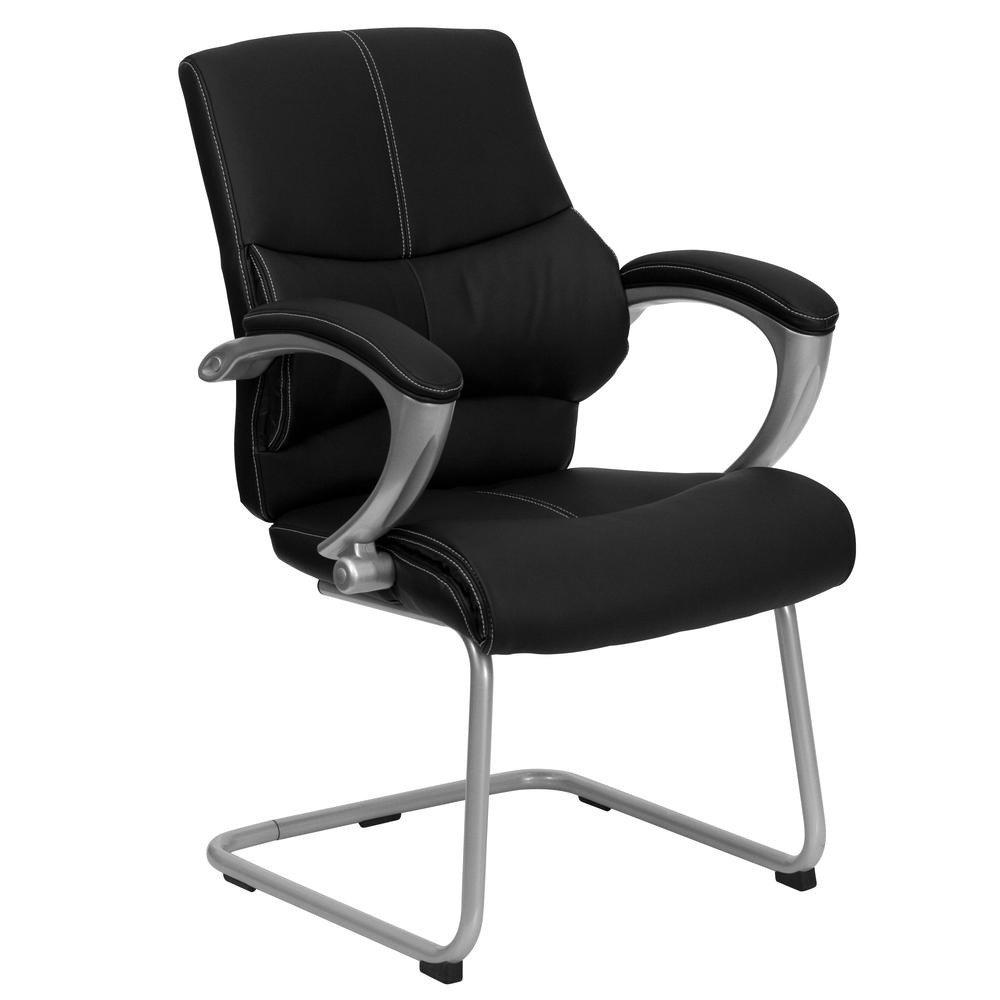 Black LeatherSoft Executive Side Reception Chair with Silver Sled Base. Picture 1
