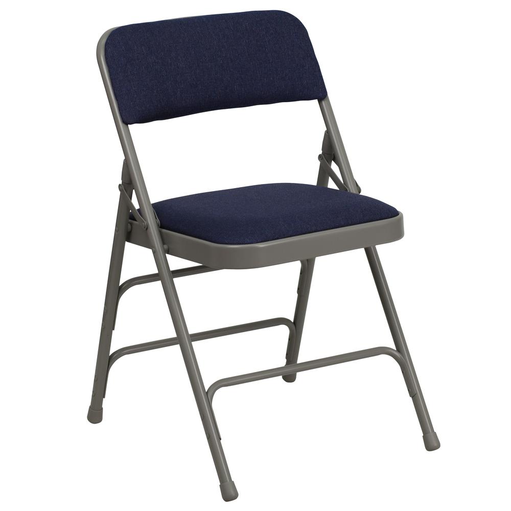 HERCULES Series Curved Triple Braced & Double Hinged Navy Fabric Metal Folding Chair. Picture 1
