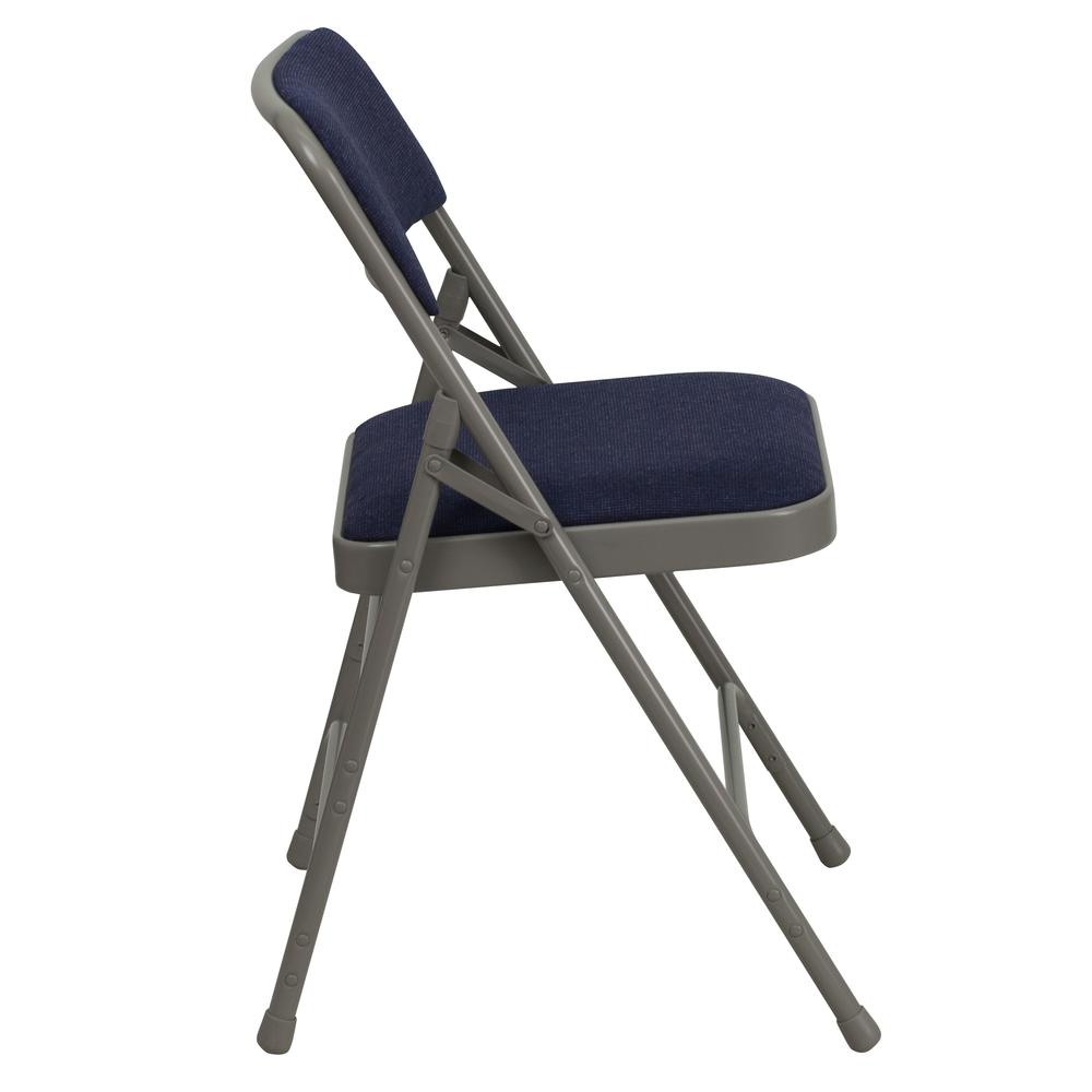 HERCULES Series Curved Triple Braced & Double Hinged Navy Fabric Metal Folding Chair. Picture 3