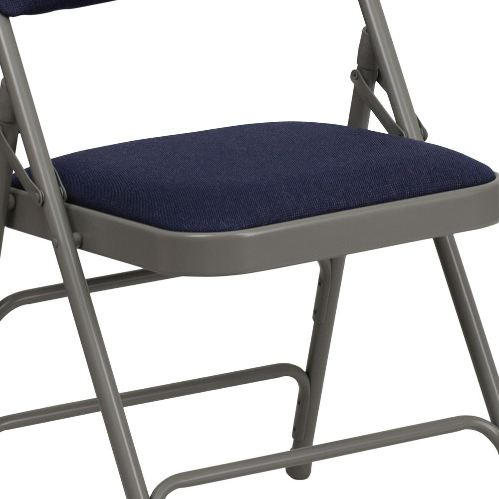 Curved Triple Braced & Double Hinged Navy Fabric Metal Folding Chair. Picture 16