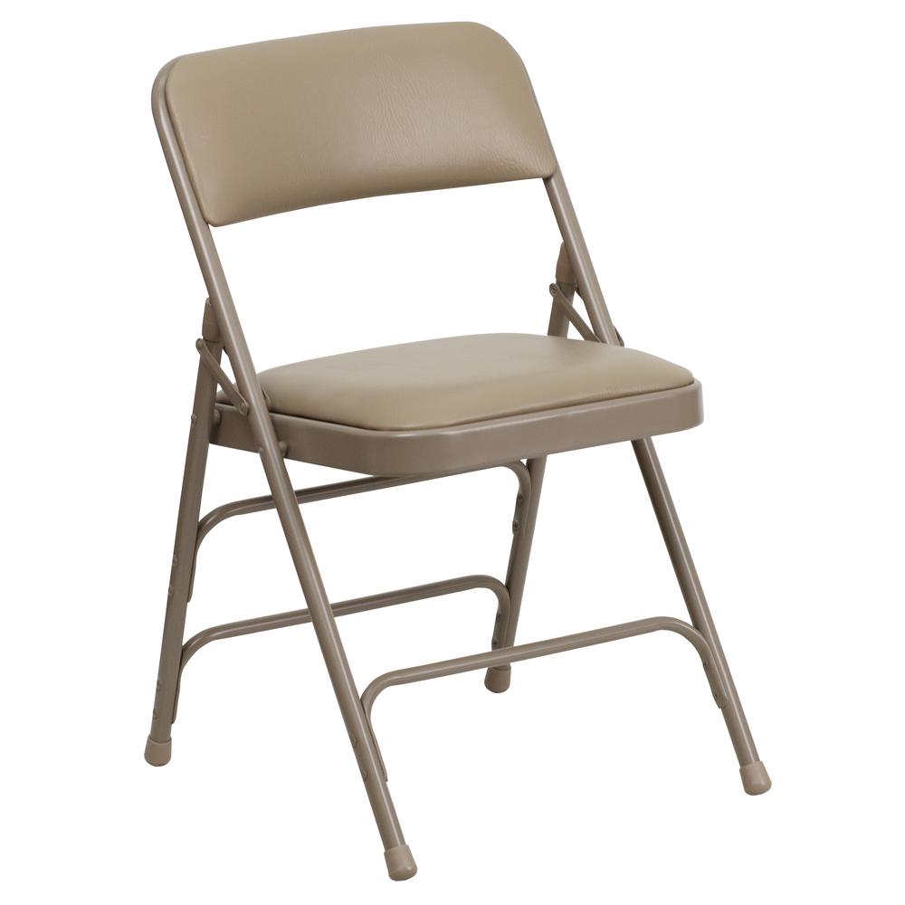 Curved Triple Braced & Double Hinged Beige Vinyl Metal Folding Chair. Picture 10