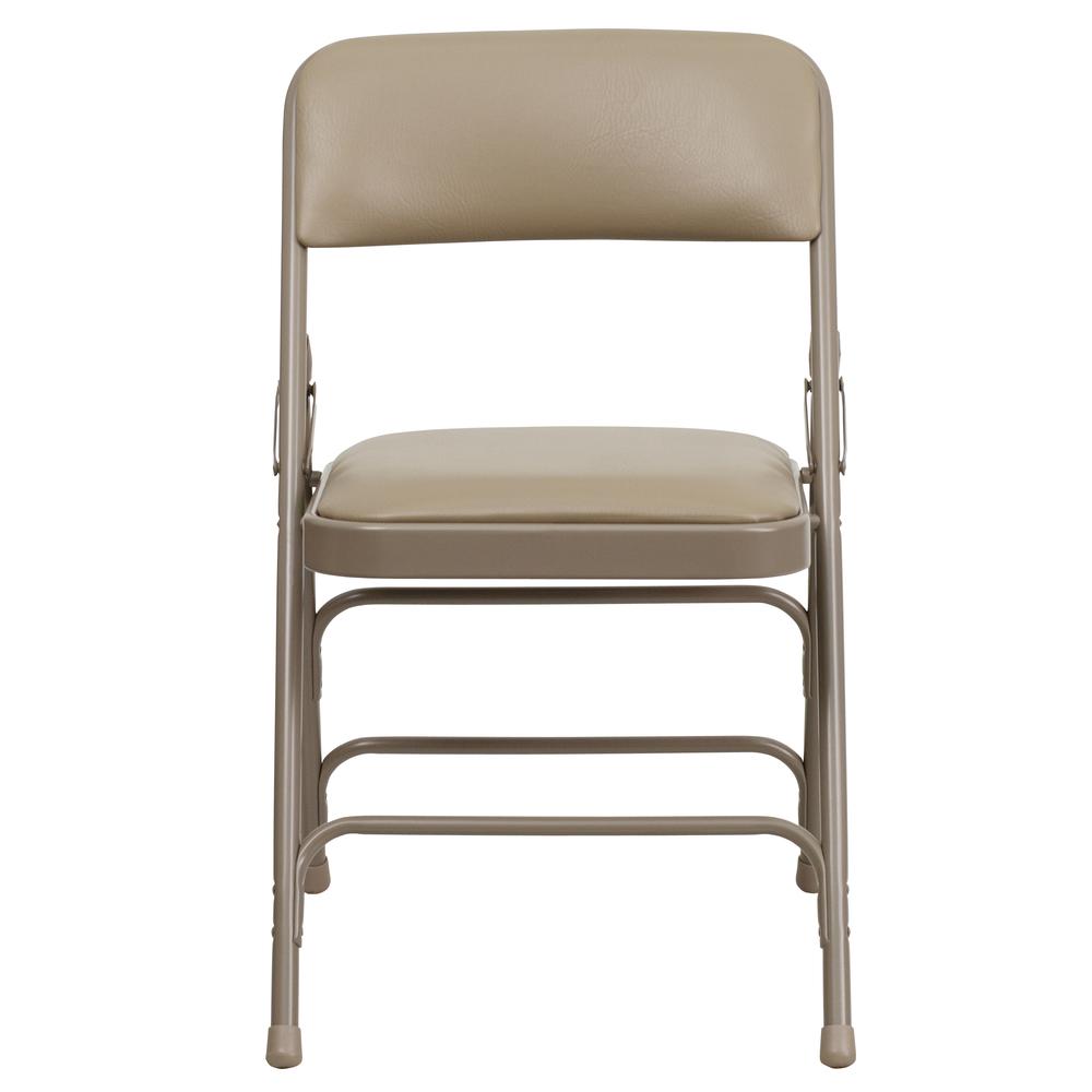 Curved Triple Braced & Double Hinged Beige Vinyl Metal Folding Chair. Picture 14