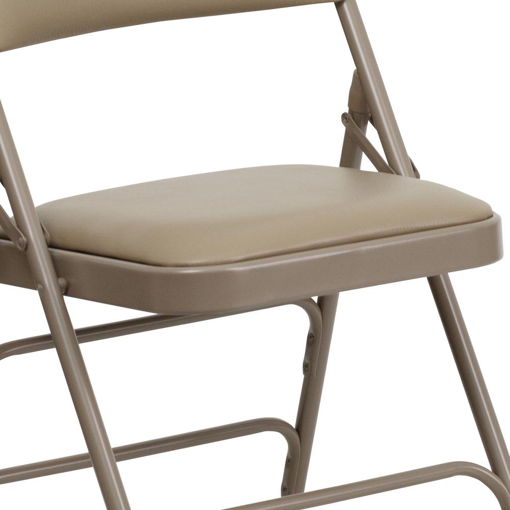 Curved Triple Braced & Double Hinged Beige Vinyl Metal Folding Chair. Picture 16
