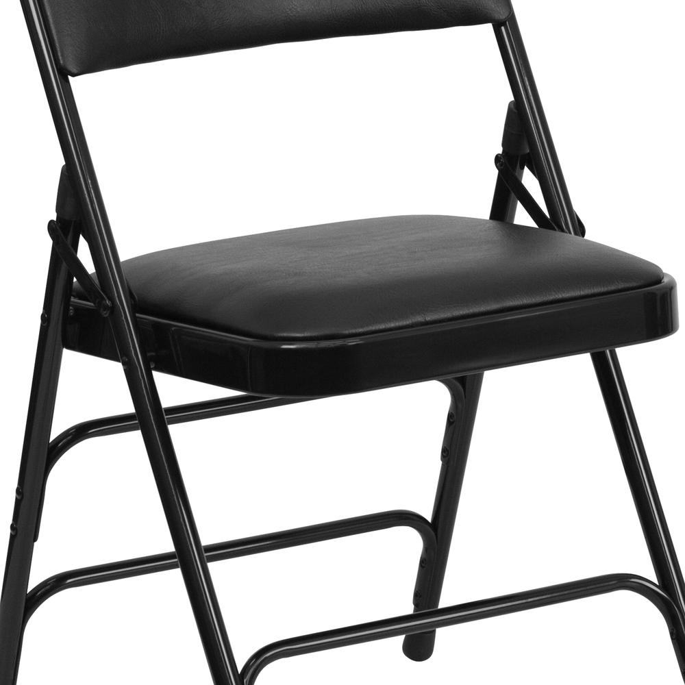 Curved Triple Braced & Double Hinged Black Vinyl Metal Folding Chair. Picture 17