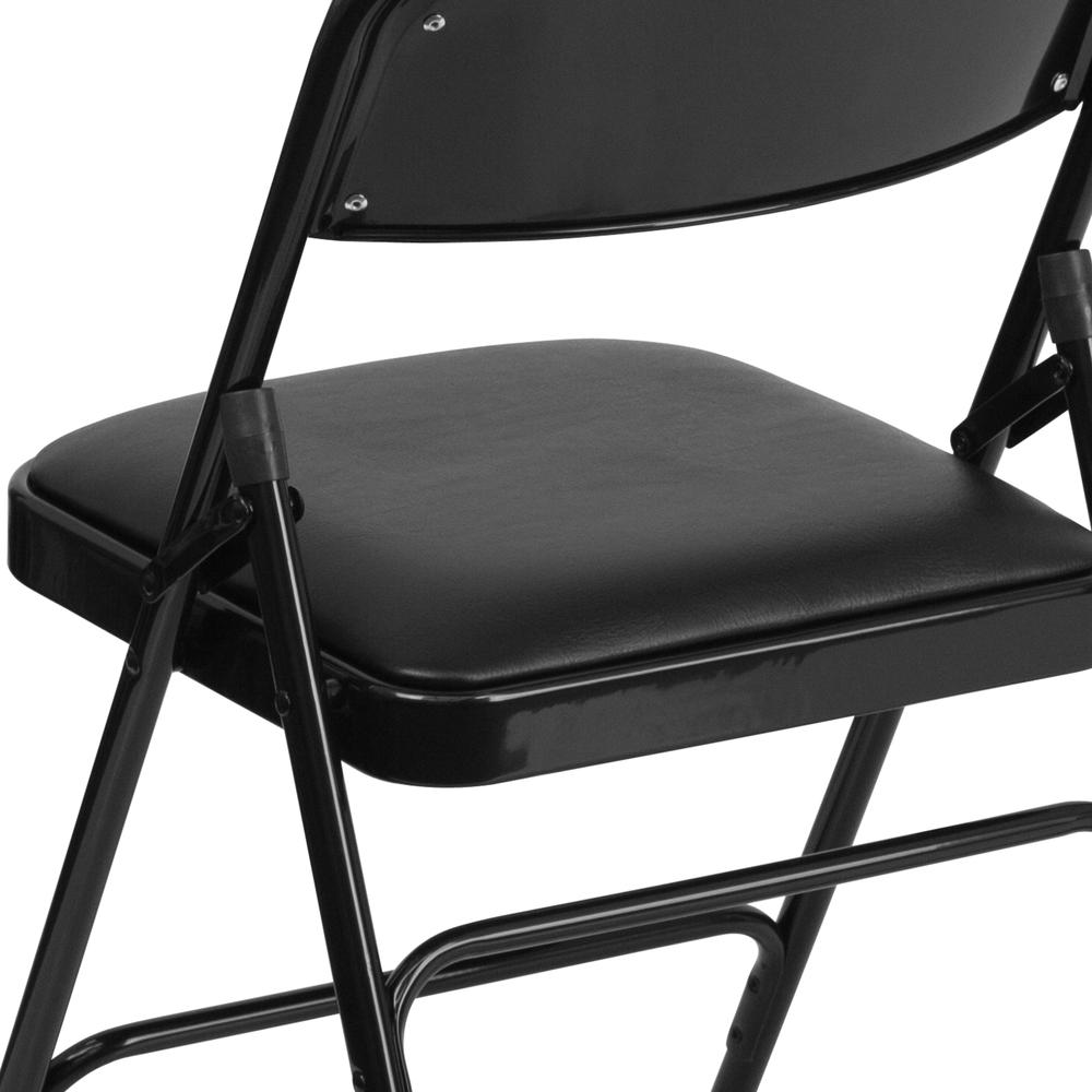 Curved Triple Braced & Double Hinged Black Vinyl Metal Folding Chair. Picture 18